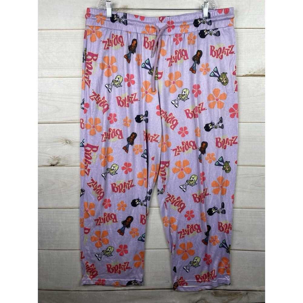 Bratz Women's Sleep Pajama Pants Sz XXL Purple Floral Fleece Pull On Cozy Boho
